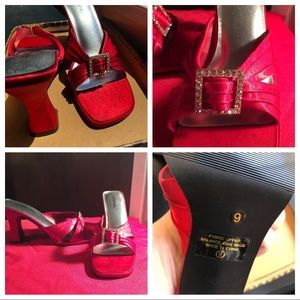 Red satin like heels  with sparkle buckle